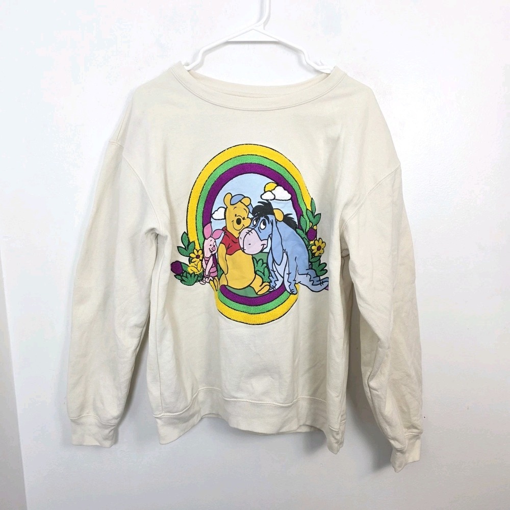 Disney Winnie The‎ Pooh Cream Colorful Embroidered Eeyore Piglet Sweatshirt XL